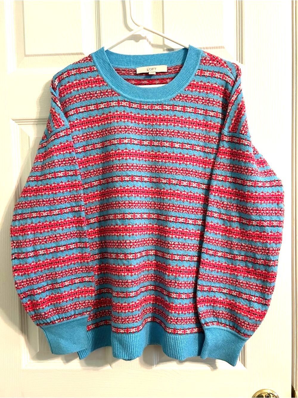 LOFT Turquoise and Red Striped Knit Pullover - Size Large